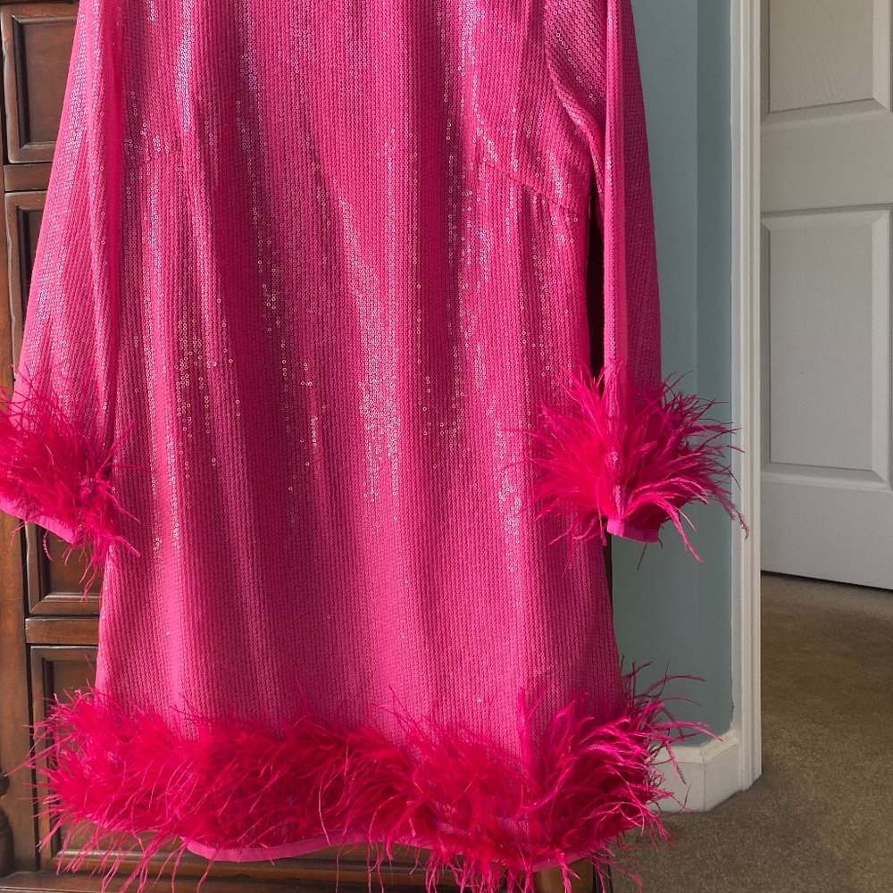 Pink sequined dress with feather trim